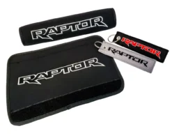 Set Of 2 Embroidered Raptor Logo Black Neoprene Automotive Seat Belt Cover Shoulder Pads And Raptor Logo Key Chain Tag Accessory