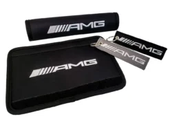 Set Of 2 Embroidered AMG Logo Black Neoprene Seat Belt Strap Pads Cover And Key Chain Tag Accessory