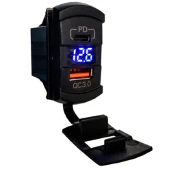 USB Dual Port Type-A QC 3.0 And USB-C PD With Voltmeter Automotive Fast Charger Universal Rocker Style Blue LED Voltage Digital Display
