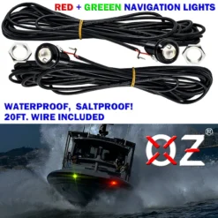 Red & Green LED Navigational Marine Bow Lights 5/8" Round 22mm Bolt Beam With 20 Ft. AWG #26 Wire Cable For Boats Pontoon Houseboats Fishing Vessels