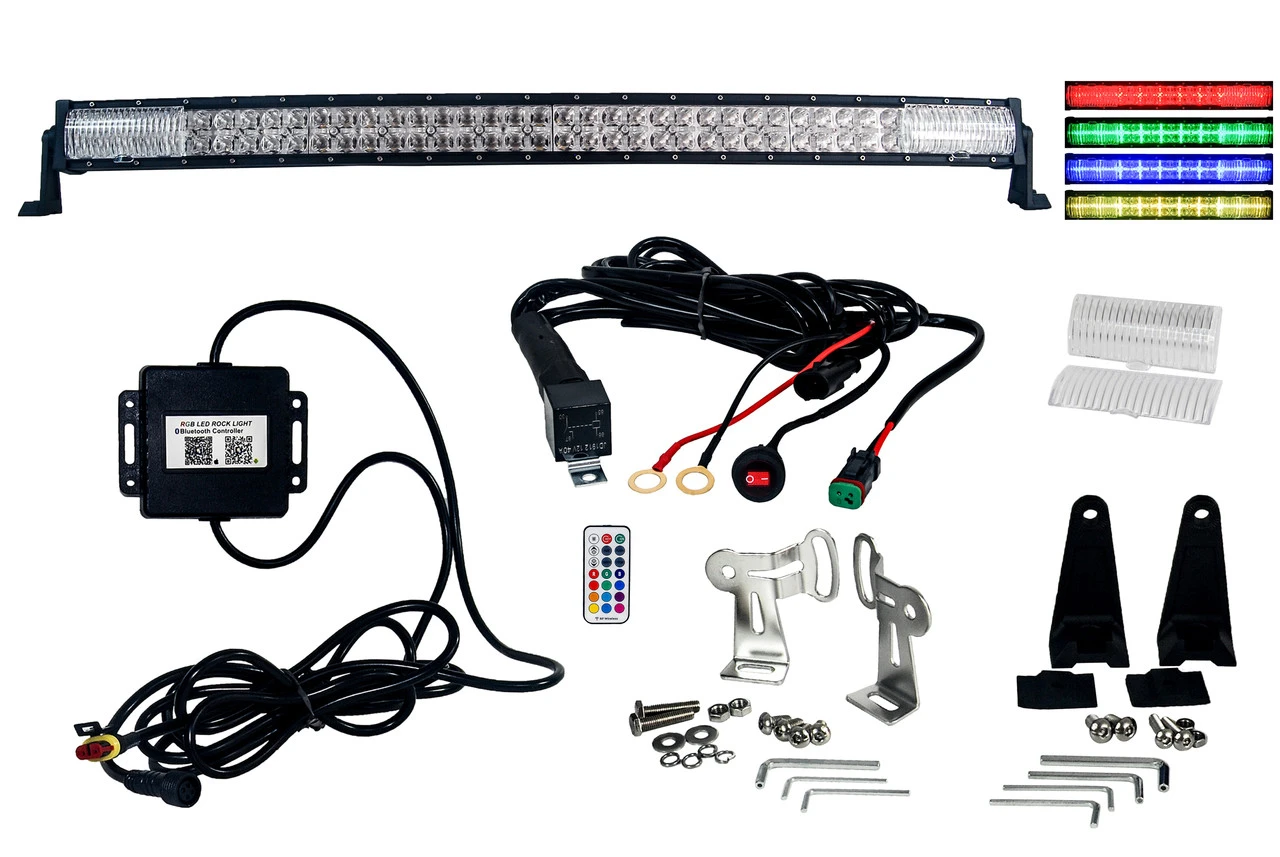 Curved 40" OZ-USA® RGB Series Double Row Dimmable LED Light Bar Cross Style DRL & Variable RGB Bluetooth Functions Combo Beam Anti-Theft Hardware Off Road 4WD ATV SUV Truck
