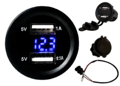 Dual USB Port Blue LED Voltmeter Fast Charger Socket Power Outlet 1.0A 2.1A Car ATV Truck Boat Motorcycle 12 Volt