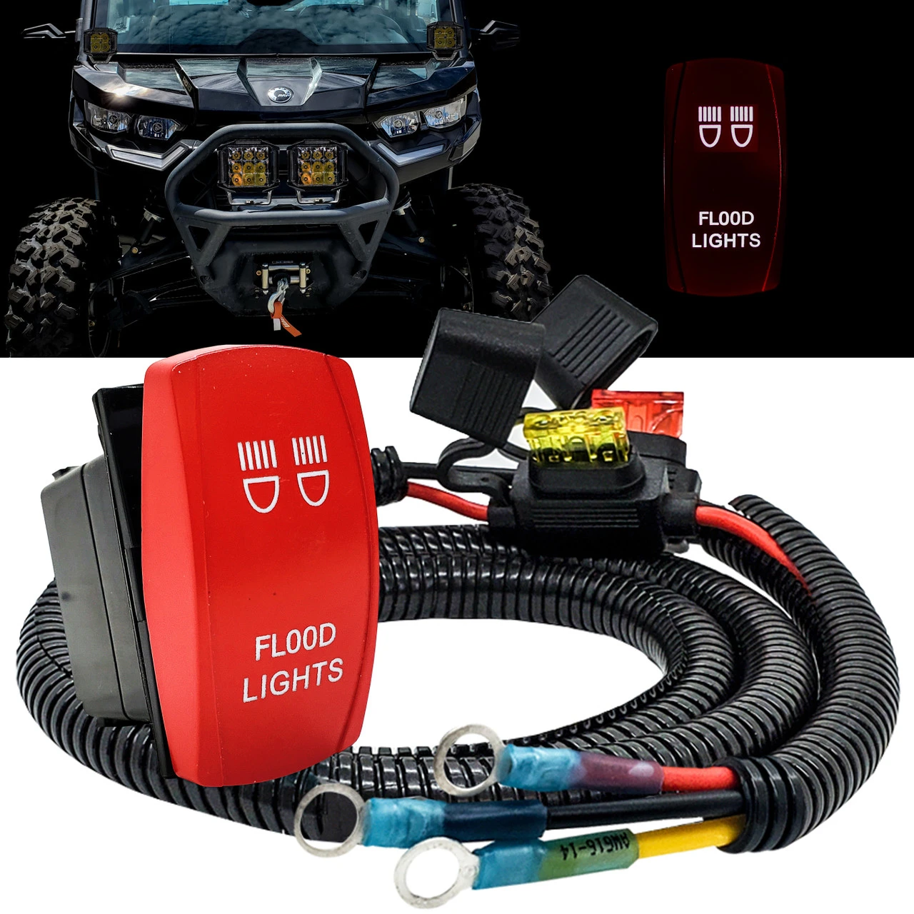 Flood Lights On/Off Red Rocker Switch With Power Distribution Block Wire Harness Compatible With 2018-2023 Can-Am Maverick X3 Max RS Turbo RR Sport Trail Defender 5 Flood Lights On/Off Red Rocker Switch With Power Distribution Block Wire Harness Compatible With 2018-2023 Can-Am Maverick X3 Max RS Turbo RR Sport Trail Defender - Image 5