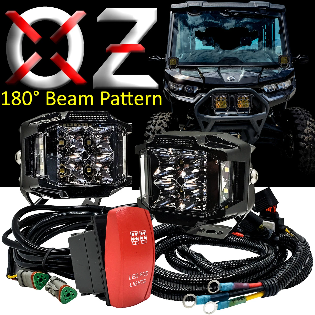 75W Pod Lights 180° Beam Pattern Side Emitting LED With Power Busbar Wire Kit Red Rocker Switch Compatible With 2018-2023 Can-Am Maverick X3 Defender 6 75W Pod Lights 180° Beam Pattern Side Emitting LED With Power Busbar Wire Kit Red Rocker Switch Compatible With 2018-2023 Can-Am Maverick X3 Defender - Image 6