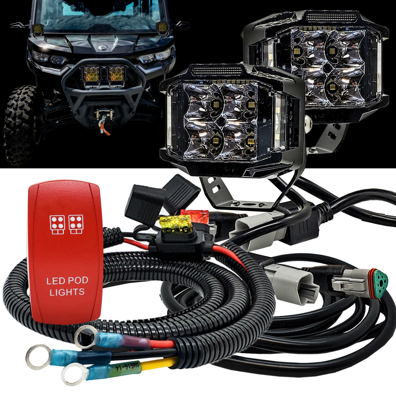 75W Pod Lights 180° Beam Pattern Side Emitting LED With Power Busbar Wire Kit Red Rocker Switch Compatible With 2018-2023 Can-Am Maverick X3 Defender 2 75W Pod Lights 180° Beam Pattern Side Emitting LED With Power Busbar Wire Kit Red Rocker Switch Compatible With 2018-2023 Can-Am Maverick X3 Defender - Image 2