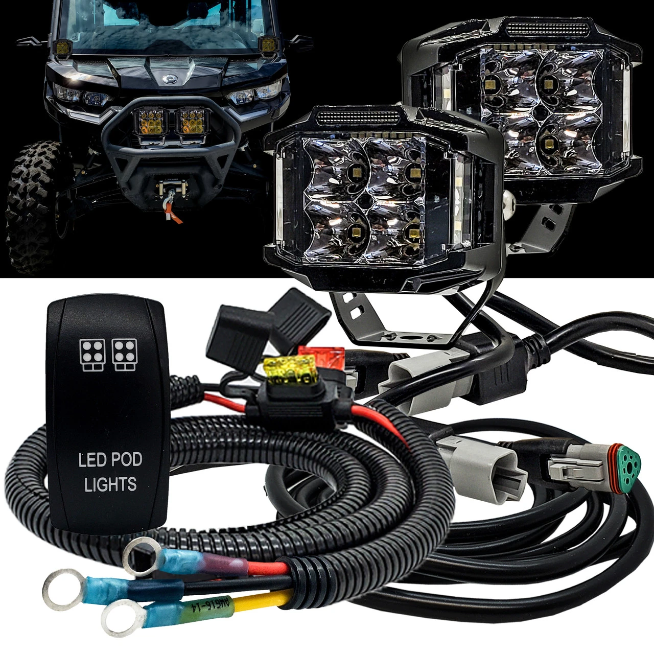 75W Side Emitting LED Pod Lights 180° Beam Pattern With Power Busbar Wire Kit Compatible With 2018-2023 Can-Am Maverick X3 Defender 6 75W Side Emitting LED Pod Lights 180° Beam Pattern With Power Busbar Wire Kit Compatible With 2018-2023 Can-Am Maverick X3 Defender - Image 6