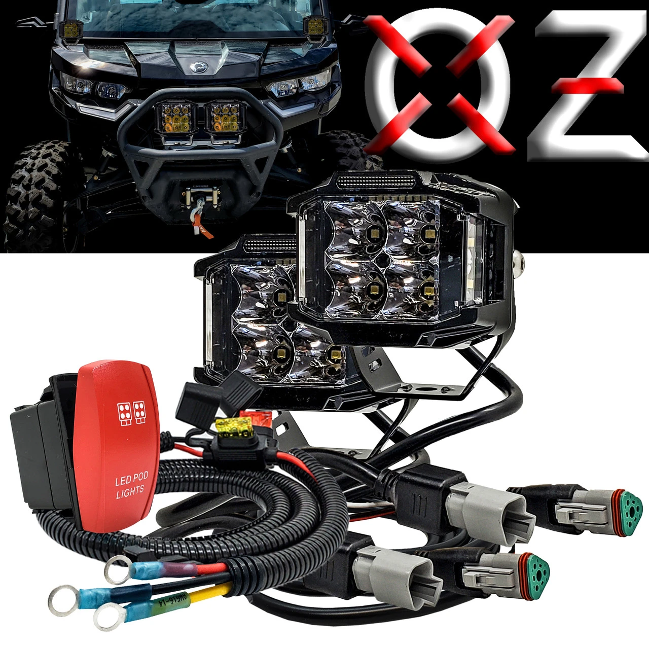 75W Pod Lights 180° Beam Pattern Side Emitting LED With Power Busbar Wire Kit Red Rocker Switch Compatible With 2018-2023 Can-Am Maverick X3 Defender 1 75W Pod Lights 180° Beam Pattern Side Emitting LED With Power Busbar Wire Kit Red Rocker Switch Compatible With 2018-2023 Can-Am Maverick X3 Defender