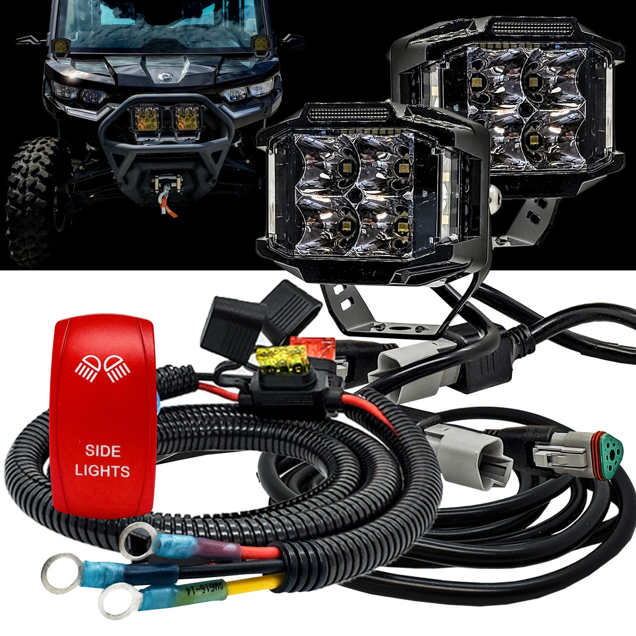 75W Side Lights 180° Beam Pattern Side Emitting LED With Power Busbar Wire Kit Red Rocker Switch Compatible With 2018-2023 Can-Am Maverick X3 Defender 2 75W Side Lights 180° Beam Pattern Side Emitting LED With Power Busbar Wire Kit Red Rocker Switch Compatible With 2018-2023 Can-Am Maverick X3 Defender - Image 2