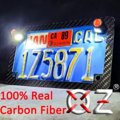 Carbon Fiber License Plate Frame With Dual White LED Tag Lights & Red LED Brake Lights For Motorcycle